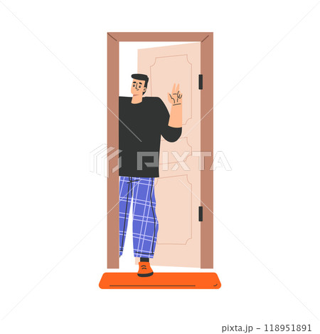 Man Character at the Door as Home Entrance Vector Illustration 118951891