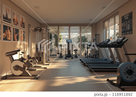 Modern Home Gym with State-of-the-Art Equipment and Motivational Posters for Regular Exercise Modern Home Gym with State-of-the-Art Equipment and Motivational Posters for Regular Exercise 118951892