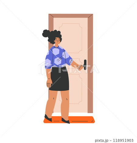 Woman Character at the Door as Home Entrance Vector Illustration Woman Character at the Door as Home Entrance Vector Illustration 118951903