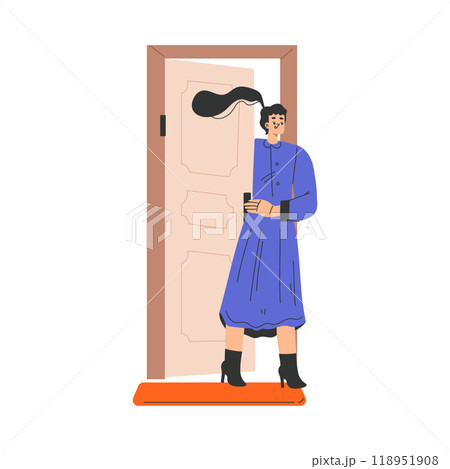 Woman Character at the Door as Home Entrance Vector Illustration Woman Character at the Door as Home Entrance Vector Illustration 118951908