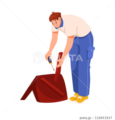 Man Character Assemble Furniture with Screwdriver as DIY Home Repair Work Vector Illustration 118951917