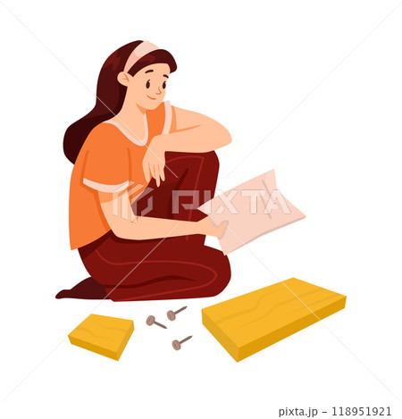 Woman Character Assemble Furniture as DIY Home Repair Work Vector Illustration 118951921