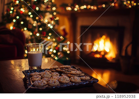 Magical Christmas Eve with Milk and Cookies for Santa by the Fireplace 118952038
