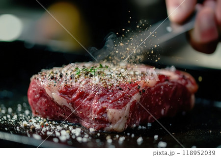 Close-Up of Raw Marbled Steak with Ground Pepper and Sea Salt for Gourmet Cooking 118952039