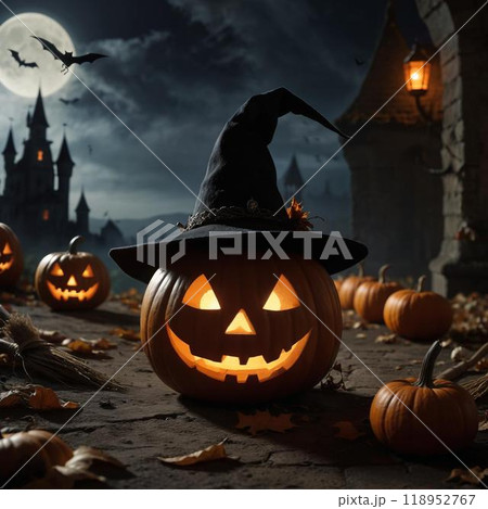 魔女の帽子をかぶったハロウィンのカボチャ 118952767