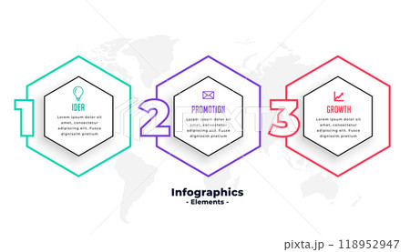 three steps hexagonal shape infographic template design 118952947
