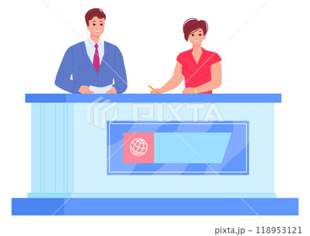 Worldwide news anchors. Man and woman on tv channel Worldwide news anchors. Man and woman on tv channel 118953121