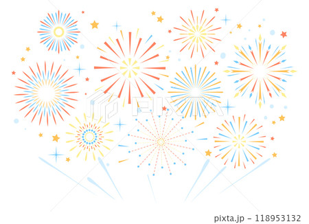Fireworks show in sky. Festival background with bursting sparks 118953132