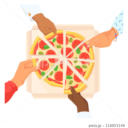 Hands take pizza slices. People eat together 118953149