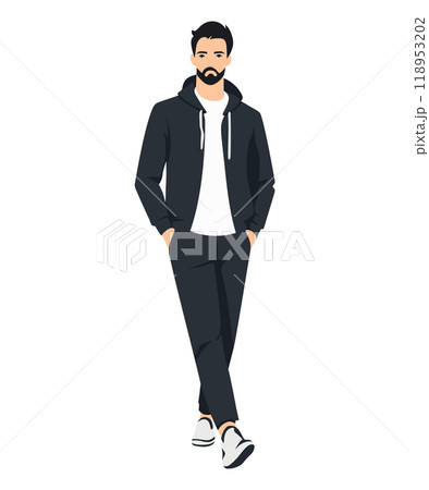 Vector illustration of a man in a black jacket, white t-shirt and black pants. Classic casual style 118953202