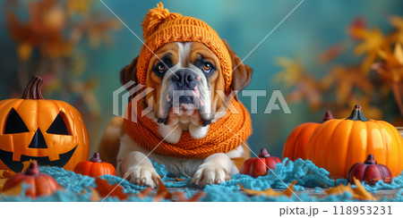 Halloween cute Saint Bernard puppy dog, carved jack-o'-lanterns, pumpkin, banner copy space horizontal 118953231