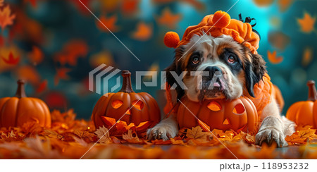 Halloween cute Saint Bernard puppy dog, carved jack-o'-lanterns, pumpkin, banner copy space horizontal Halloween cute Saint Bernard puppy dog, carved jack-o'-lanterns, pumpkin, banner copy space horizontal 118953232