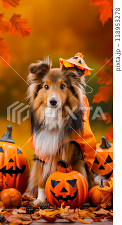 Halloween cute Shetland Sheepdog Sheltie Collie puppy dog, carved jack-o'-lanterns, pumpkin, banner copy space vertical 118953278