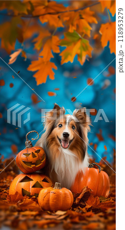 Halloween cute Shetland Sheepdog Sheltie Collie puppy dog, carved jack-o'-lanterns, pumpkin, banner copy space vertical 118953279