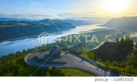 Aerial View of Vista House Overlooking Columbia River at Golden Hour Aerial View of Vista House Overlooking Columbia River at Golden Hour 118953323