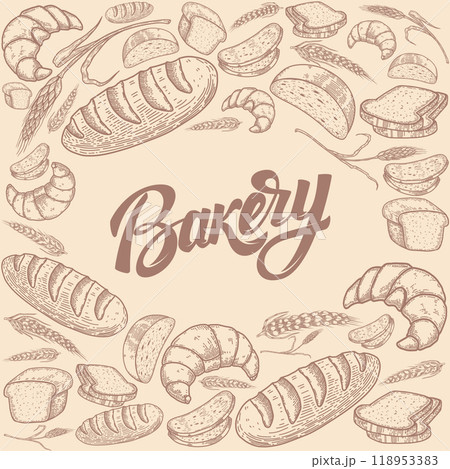 Bakery background with hand drawn bread illustrations. Design element for package, banner, flyer, card. Vector illustration 118953383