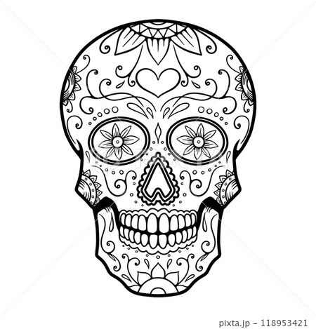 Illustration of mexican sugar skull. Design element for emblem, sign, poster, package design. Vector illustration 118953421
