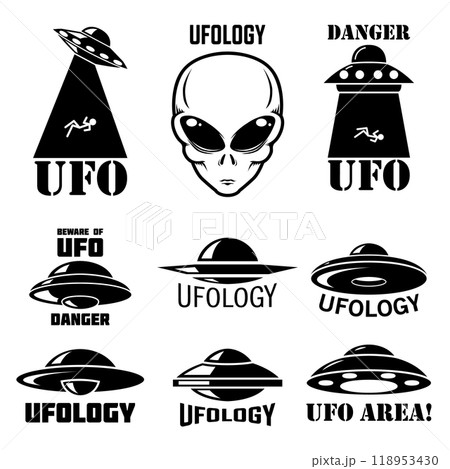 Set of emblems with ufo, alien. Ufology signs. Vector illustration Set of emblems with ufo, alien. Ufology signs. Vector illustration 118953430