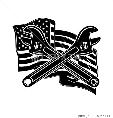 Illustration of crossed pipe wrenches on us flag background. Design element for poster, card, banner, sign. Vector illustration 118953434