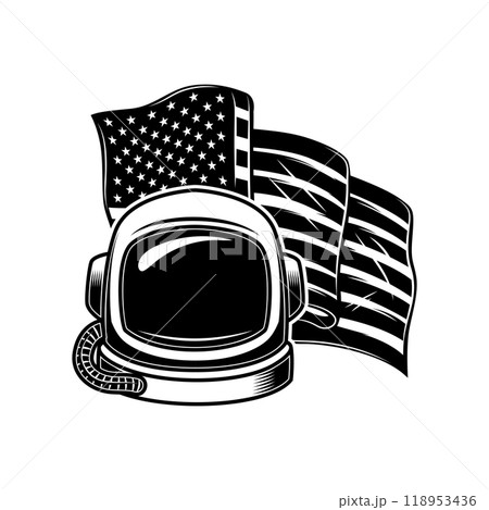 Astronaut helmet on usa flag background. Design element for poster, card, banner, design. Vector illustration 118953436