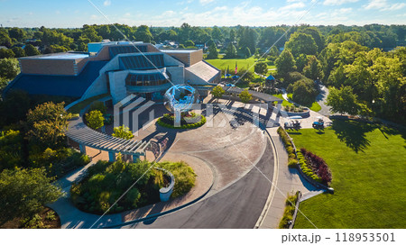 Minnetrista Museum and Gardens, bright summer day aerial of building and sculpture 118953501