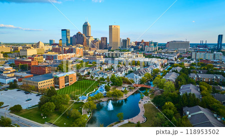 Aerial Downtown Indianapolis Skyline at Golden Hour with Park and River 118953502