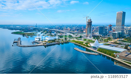 Aerial View of Milwaukee Waterfront and Skyline with Iconic Pavilion Aerial View of Milwaukee Waterfront and Skyline with Iconic Pavilion 118953527