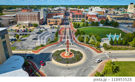 Passing of the Buffalo statue in city roundabout beside Canan Commons Park aerial, Muncie IN 118953528