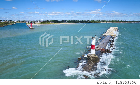 Aerial View of Dual Lighthouses on Lake Michigan Coastline 118953556