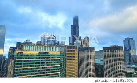 Chicago aerial skyscrapers with pretty blue sky and clouds over downtown buildings, tourism 118953570