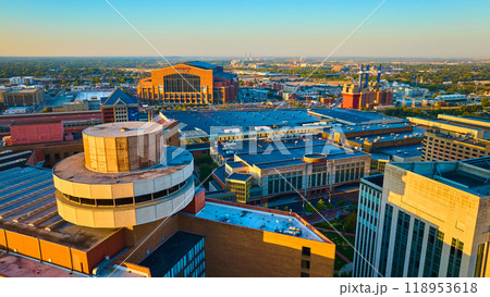Aerial Golden Hour Over Indianapolis Stadium and Cityscape 118953618