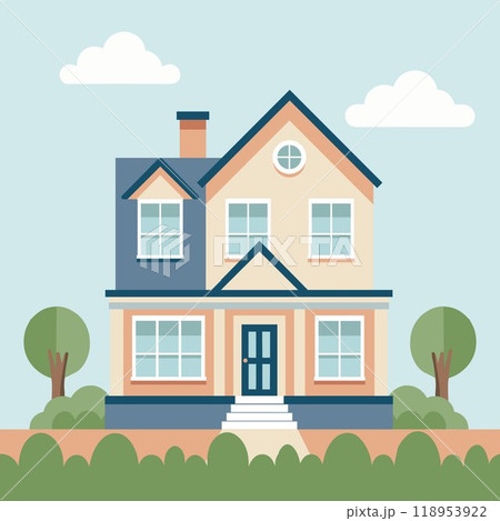 Cozy country house among green trees and bushes. Rural cozy cottage. Flat style illustration Cozy country house among green trees and bushes. Rural cozy cottage. Flat style illustration 118953922