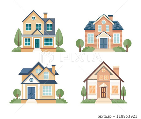 Set of cozy country houses. Village cottages collection. Flat style architecture illustration 118953923