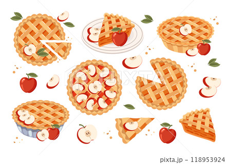 Set of baked apple pie, pie pieces and apples. Food, dessert, sweet. Flat illustration, sweet snack icons Set of baked apple pie, pie pieces and apples. Food, dessert, sweet. Flat illustration, sweet snack icons 118953924