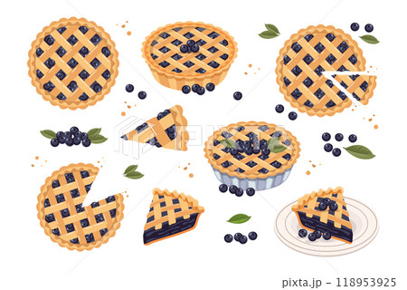 Set of baked blueberry pie, pie pieces and blueberries. Food, dessert, sweet. Flat illustration, sweet snack icons Set of baked blueberry pie, pie pieces and blueberries. Food, dessert, sweet. Flat illustration, sweet snack icons 118953925