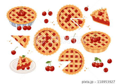 Set of baked cherry pies, pieces of cherry pie. Food, dessert, sweet. Flat illustration, sweet snack icons 118953927