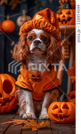 Halloween cute Cavalier King Charles Spaniel puppy dog, carved jack-o'-lanterns, pumpkin, banner copy space vertical 118954094