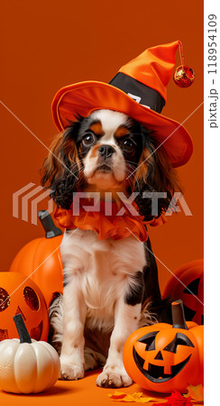 Halloween cute Cavalier King Charles Spaniel puppy dog, carved jack-o'-lanterns, pumpkin, banner copy space vertical 118954109