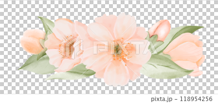 Peach or Cherry Flowers with Leaves and Bud Bouquet. Watercolor hand painted botanical illustration isolated on a white background. Peach fuzz 2024 year color. Perfect for wedding invitations 118954256