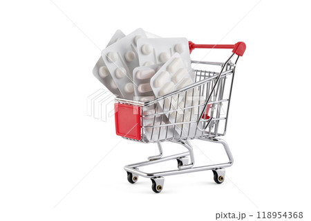 Shopping cart with various medicine pills and tablets isolated on white background with clipping path 118954368