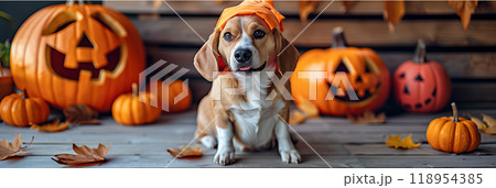 Halloween cute puppy dog, carved jack-o'-lanterns, pumpkin, banner copy space horizontal Halloween cute puppy dog, carved jack-o'-lanterns, pumpkin, banner copy space horizontal 118954385