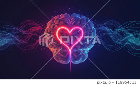 Neon heart in brain: fusion of love and intelligence in vibrant artwork 118954513