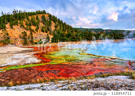 Excelsior Geyser in the Midway Geyser Basin of Yellowstone National Park. UNESCO world heritage in Wyoming, United States Excelsior Geyser in the Midway Geyser Basin of Yellowstone National Park. UNESCO world heritage in Wyoming, United States 118954711
