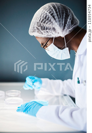 Vertical shot of African American male microbiologist in medical mask and hairnet studying bacterial colony in petri dish, placed on light table in laboratory of scientific research service 118954734