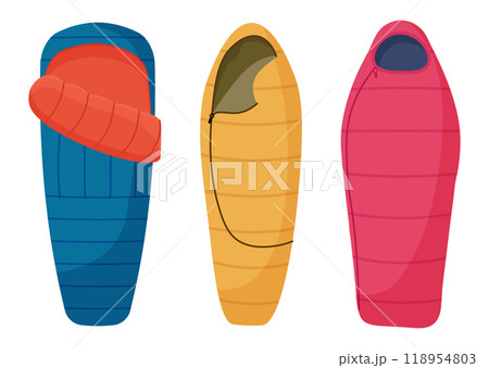 Camping sleeping bag set. Hiking sleep equipment. Vector hand drawn illustration Camping sleeping bag set. Hiking sleep equipment. Vector hand drawn illustration 118954803