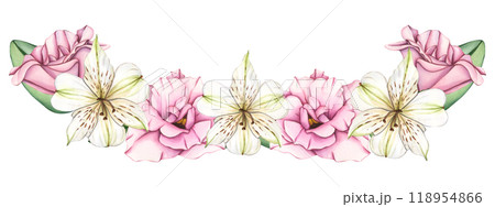Floral garland of white and pink flowers. Watercolor botanical illustration isolated on white background. Template for wedding floral invitation, card, cosmetic 118954866