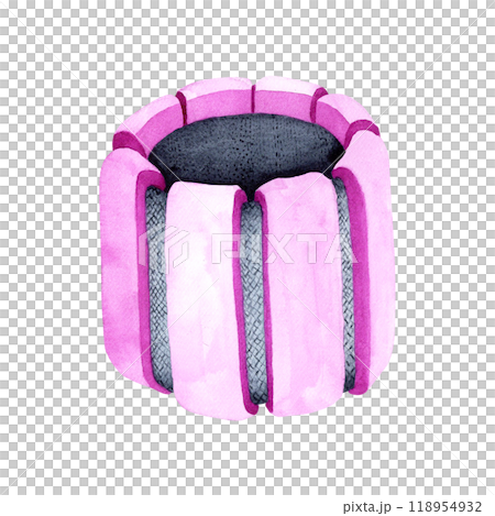 Watercolor illustration of a dumbbell weight. The drawing is done by hand. The weighting agent is purple on a transparent background. Sports equipment image for stickers, scrapbooking, posters, prints 118954932