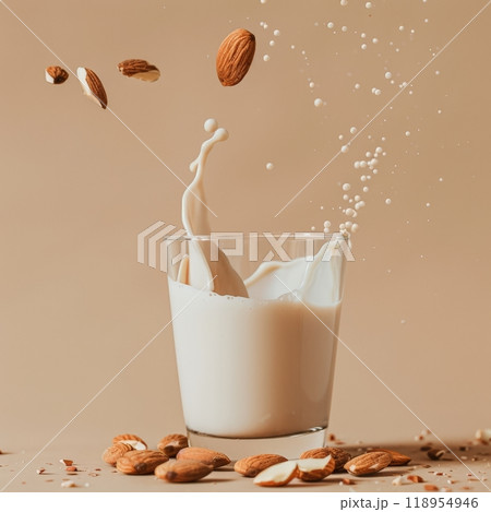 Almond milk splashes dramatically into a glass as whole almonds float in the air, creating a dynamic and appealing visual composition 118954946