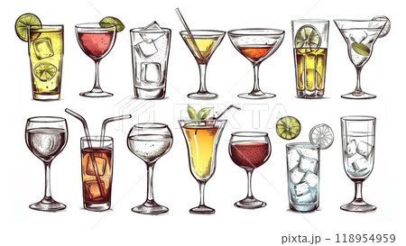 This collection features hand-drawn icons of various cocktails and drinks, highlighting unique glassware and colorful ingredients. Perfect for design projects related to beverages This collection features hand-drawn icons of various cocktails and drinks, highlighting unique glassware and colorful ingredients. Perfect for design projects related to beverages 118954959