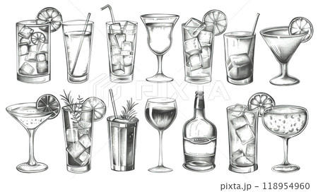 This collection features a variety of drink icons, including cocktails and soft drinks, illustrated with clear details, suitable for graphic design projects or bar-themed materials 118954960